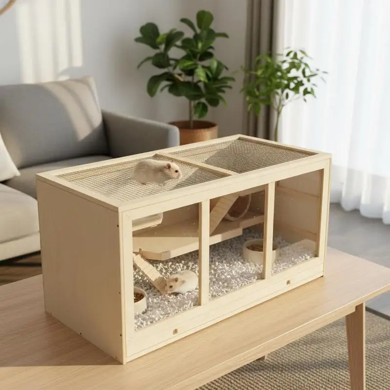 PawHut Wooden Hamster Cage, 3 Levels, Rodent Cage with Cleanable Shelf, Small Animal Cage with Hinged Lid and Stairs, Wooden Cage for Hamsters and Dwarf Hamsters, 115 x 57 x 55 cm, Natural Wood