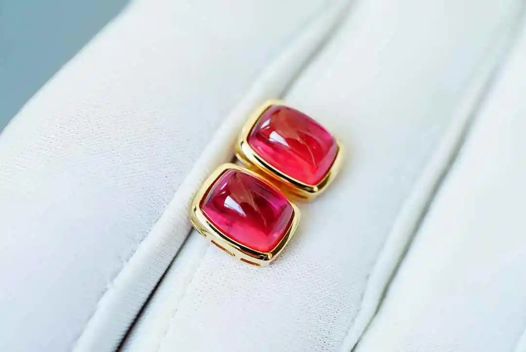 

Minimalist 18K Gold Red Tourmaline Earrings Total 4ct of Translucent Cabochon Gems