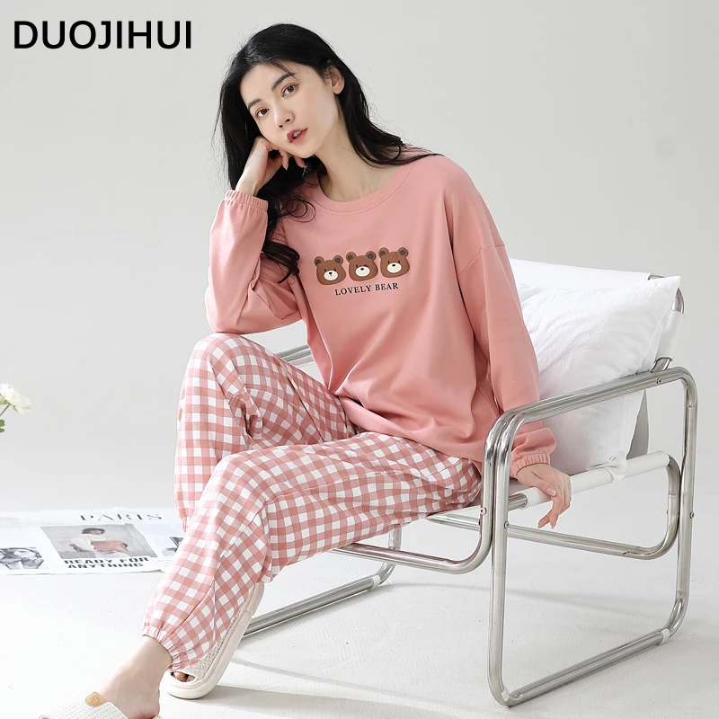 DUOJIHUI Pink Chic with Chest Pad Pajamas for Women Autumn Fashion Printing Long Sleeve Top Basic Pant Simple Female Pajamas Set