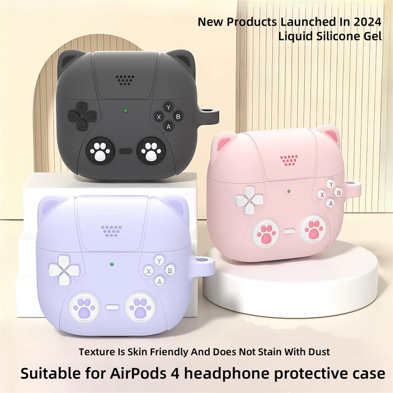 Suitable For Airpods 4 Cute Cat Appearance Protective Case Silicone Earphone Protective Soft Shell Washable Anti Fall Safeguards