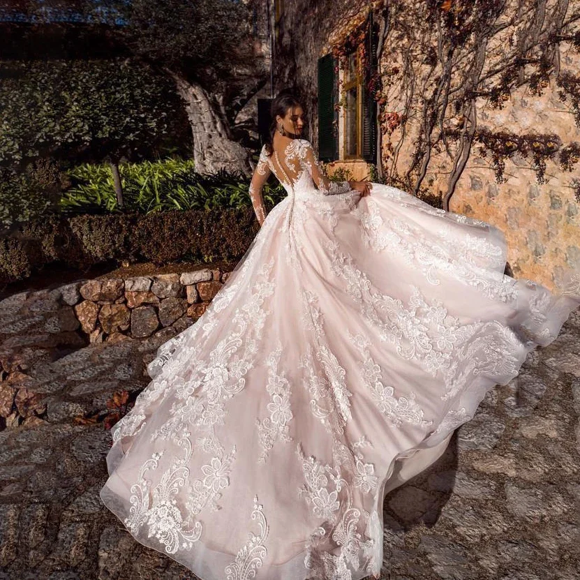 Vestido de novia rosa de lujo con cuello en V, apliques de una línea, manga larga, talla grande, tallas personalizadas