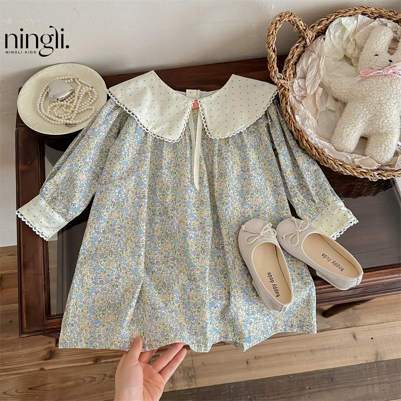 Spring Autumn Kids Baby Girls Dress Cotton Floral Printed Dot Turndown Collar Long Sleeve Toddler Girl Dress Children Girl Dress