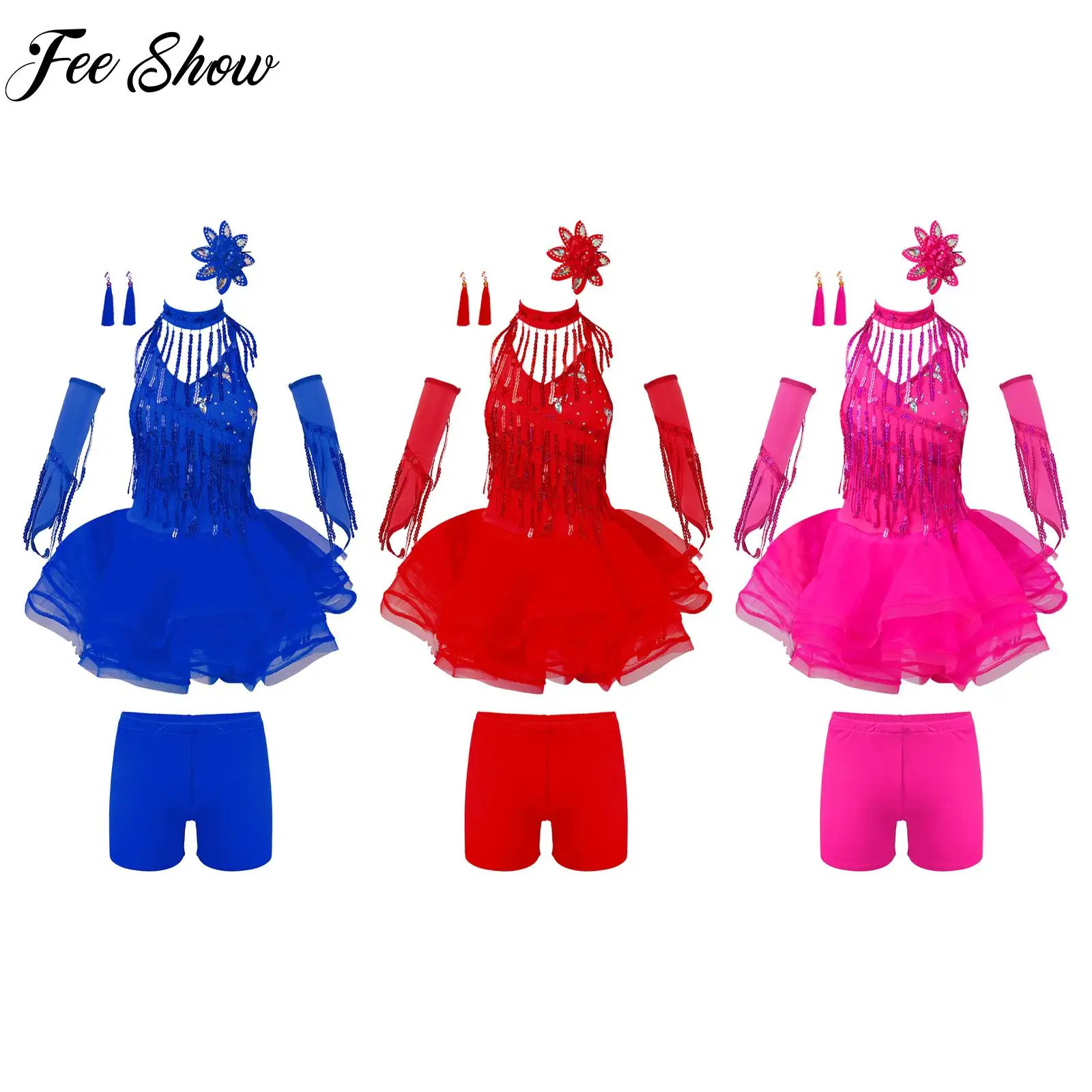 

Kids Girls Latin Dance Performance Outfit Sequin Crisscross Tutu Dress Shorts Gloves Neck Ring Ear Clips Flower Headwear