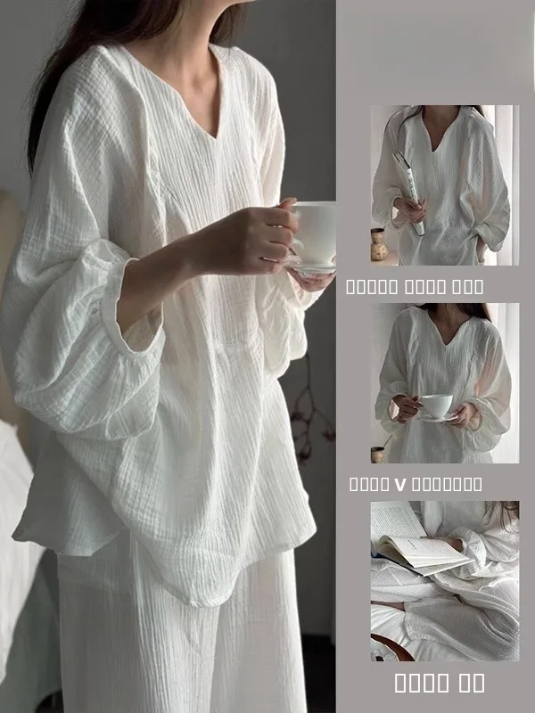 

Корейский домашний костюм из чистого хлопка для женщин, весна-осень, комфортный, приятный для кожи, новый, белый...