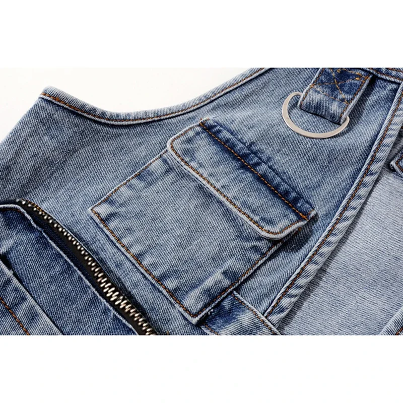 Damska kamizelka jeansowa w stylu vintage, jasnoniebieska, z dużymi kieszeniami, bez rękawów, kurtka kowbojska, wiosenno-letnia, dopasowana, krótka kamizelka jeansowa.