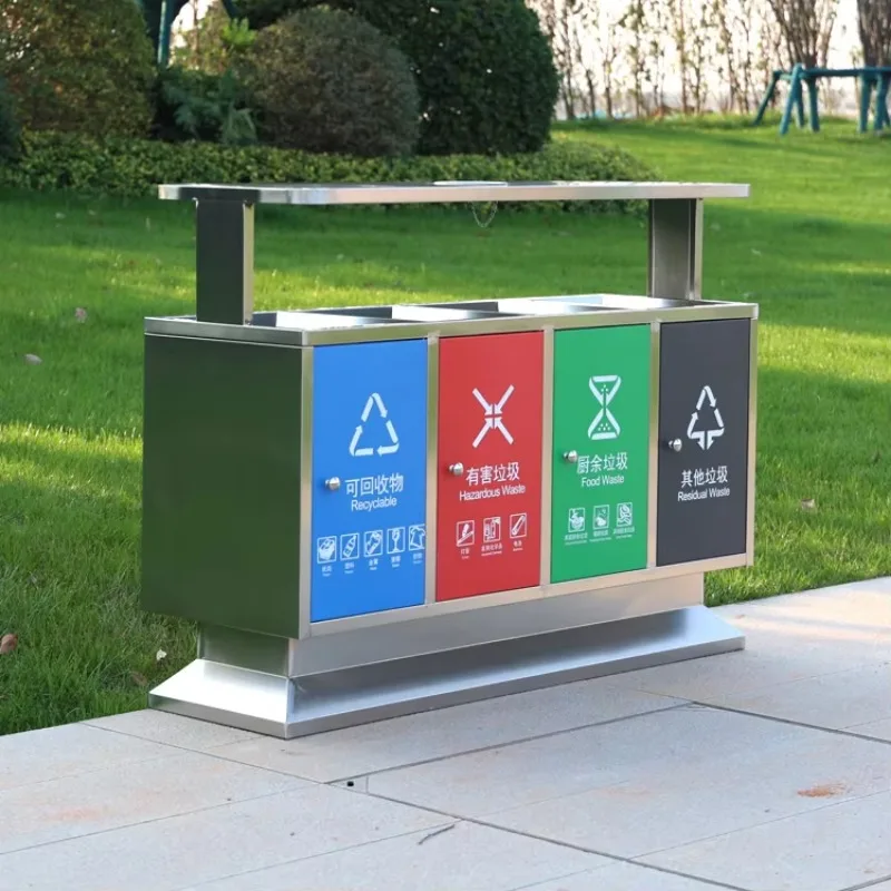 Creative Street-Classified Use Standing Stainless Steel Garbage Bin 4 Compartment Recycling Trash Can Storage Bucket