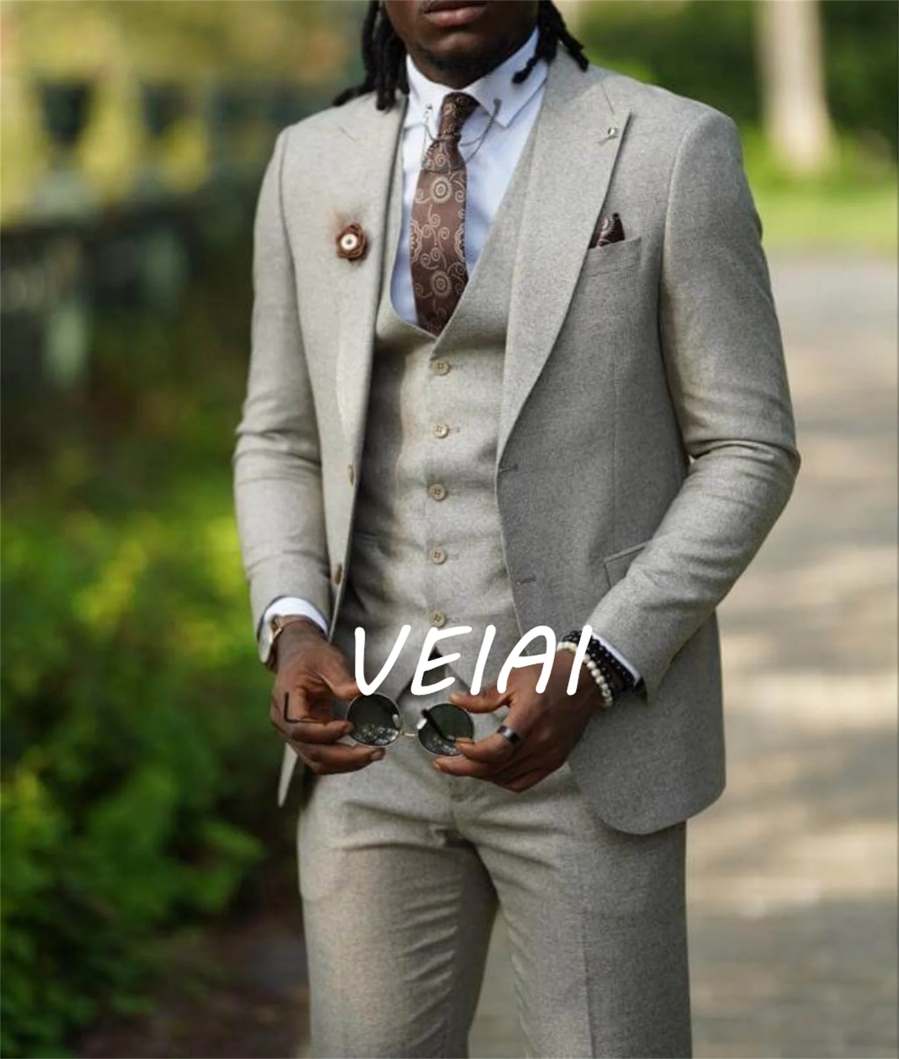 بدلة رجالية رسمية مخصصة ذات طية صدر السترة من التويد واحدة الصدر مفصلة بقصة ضيقة بدلة رسمية للرجال ثلاث قطع سترة + بنطلون + سترة Costu #6