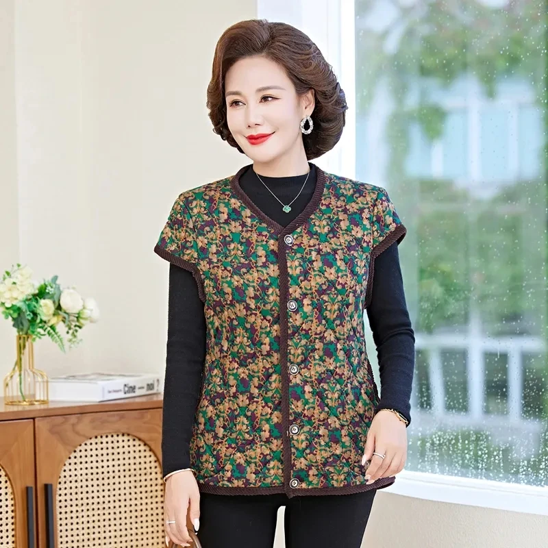 Elderly Female Quilted Warm Sleeveless Jacket Autumn Winter Middle Aged Mother Casual Print Fleece Waistcoat Women Vest Coat 4XL