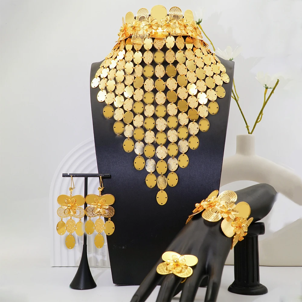 

Middle East Jewelry Set Gold Color Bangle Rings Fashion African Drop Earrings Long Necklace Bridal Sets Dubai Flowers Jewelry