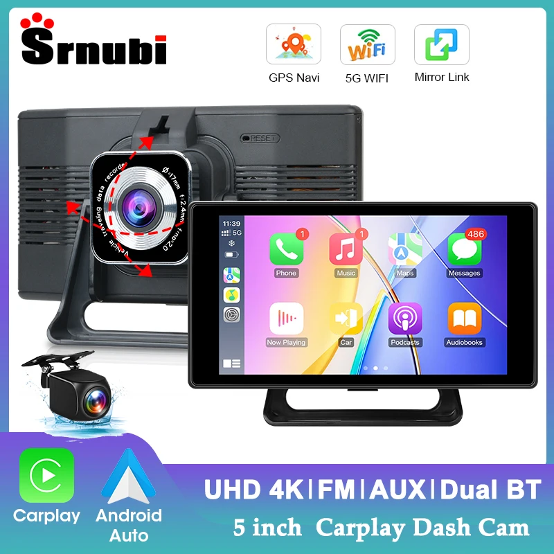 

Portable 5 inch 4K Car DVR Wireless Carplay & Android Auto Rear Camera WIFI GPS Navigation Video Recorder AI Voice Bluetooth 5.0