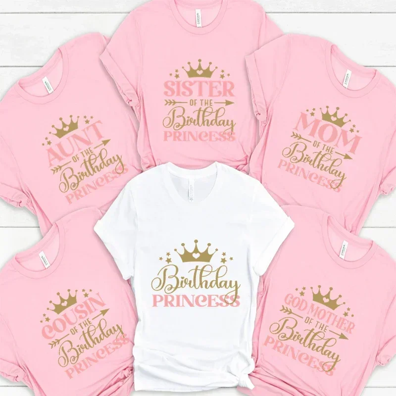 Dad Mom of The girls Birthday Party Tshirt O Neck Tops Short Sleeve Shirt White Pink Tee Birthday Princess Svg Bundle T-shirt