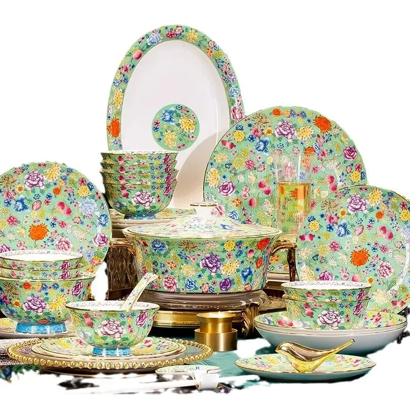 DSA high-end tableware set Jingdezhen bone china enamel color Chinese court style ceramic household housewarming new home dishes