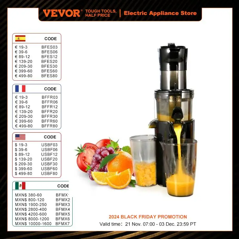 

VEVOR Masticating Juicer Cold Press Juicer Machine 2.6" Large Feed Chute Slow Juicer Juice Extractor Maker