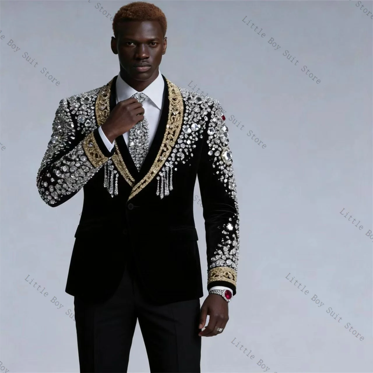 طقم بدلة رجالي كريستالز من قطعتين: جاكيت مخملي (بلازر) + بنطلون قطني، توكسيدو زفاف رسمي للمكتب والحفلات، قابل للتخصيص