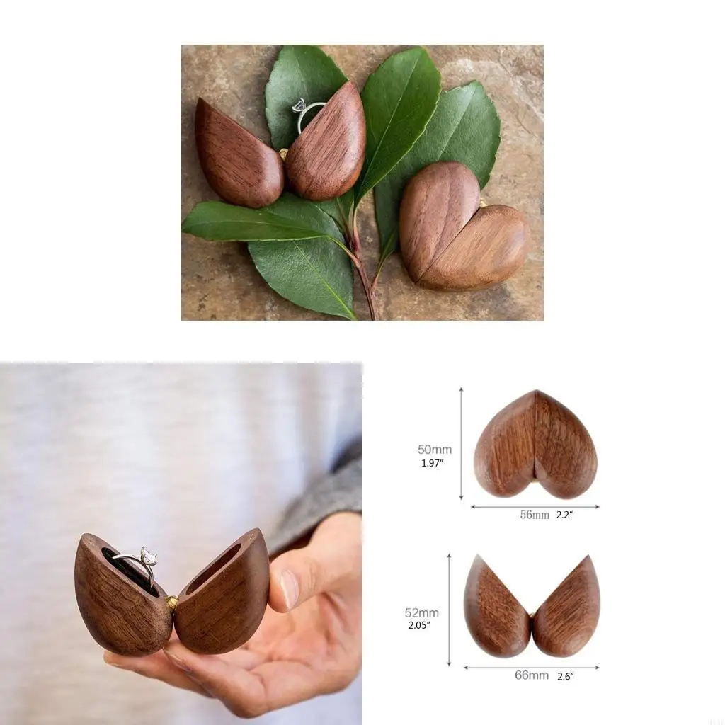 

91AF Heart Walnut Ring Box Proposal Engagement Wedding Jewelry Wooden Box for Ca