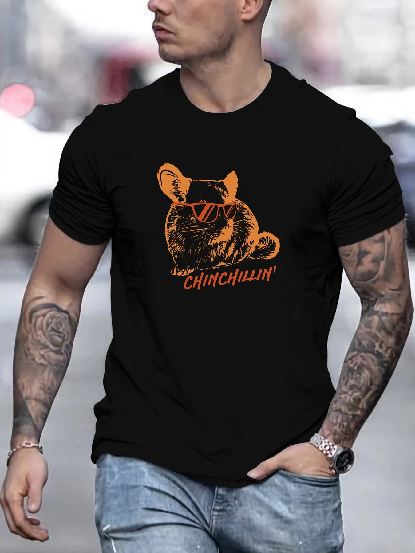 

Men wear sunglasses Chinchilla pattern summer casual round neck short T-shirt