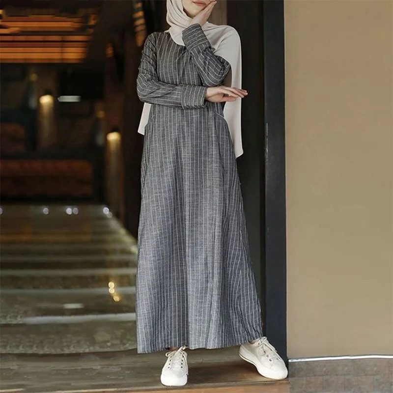 Europejska i amerykańska Abaya Femme Vintage Casual długi rękaw Abayas dla kobiet dubaj w paski bawełniana pościel damska sukienka