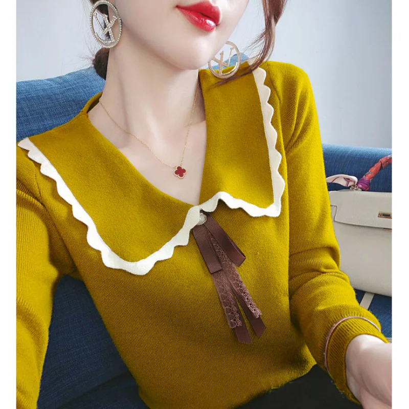 New Women\'s Clothing Peter Pan Collar Knitted Long Sleeve Loose Commuter Autumn Winter Solid Color Spliced Sweaters Jumpers