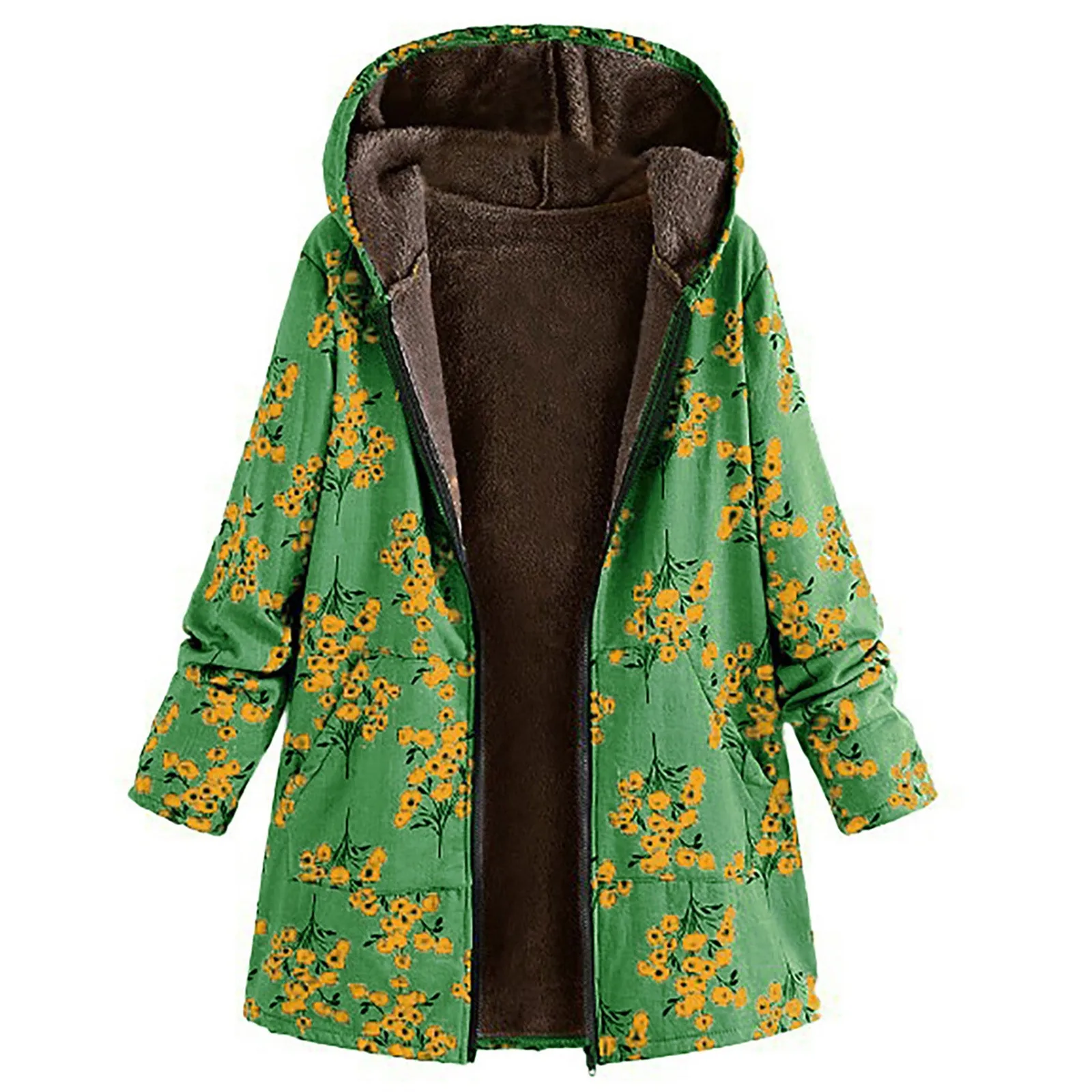 Ladies Long Sleeve Zipper Hooded Thick Composite Plush Vintage Flower Print Plus Size Hooded Jacket