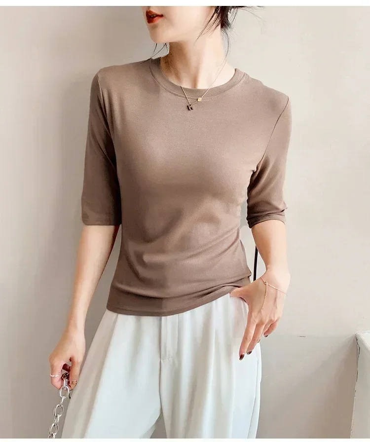 2026 Basic Einfarbiges Kurzarm-T-Shirt mit Rundhalsausschnitt, Eng Anliegend, Sommerliches Casual-Oberteil für Damen, Y2K Vintage Top, Harajuku Streetwear – Detail 27