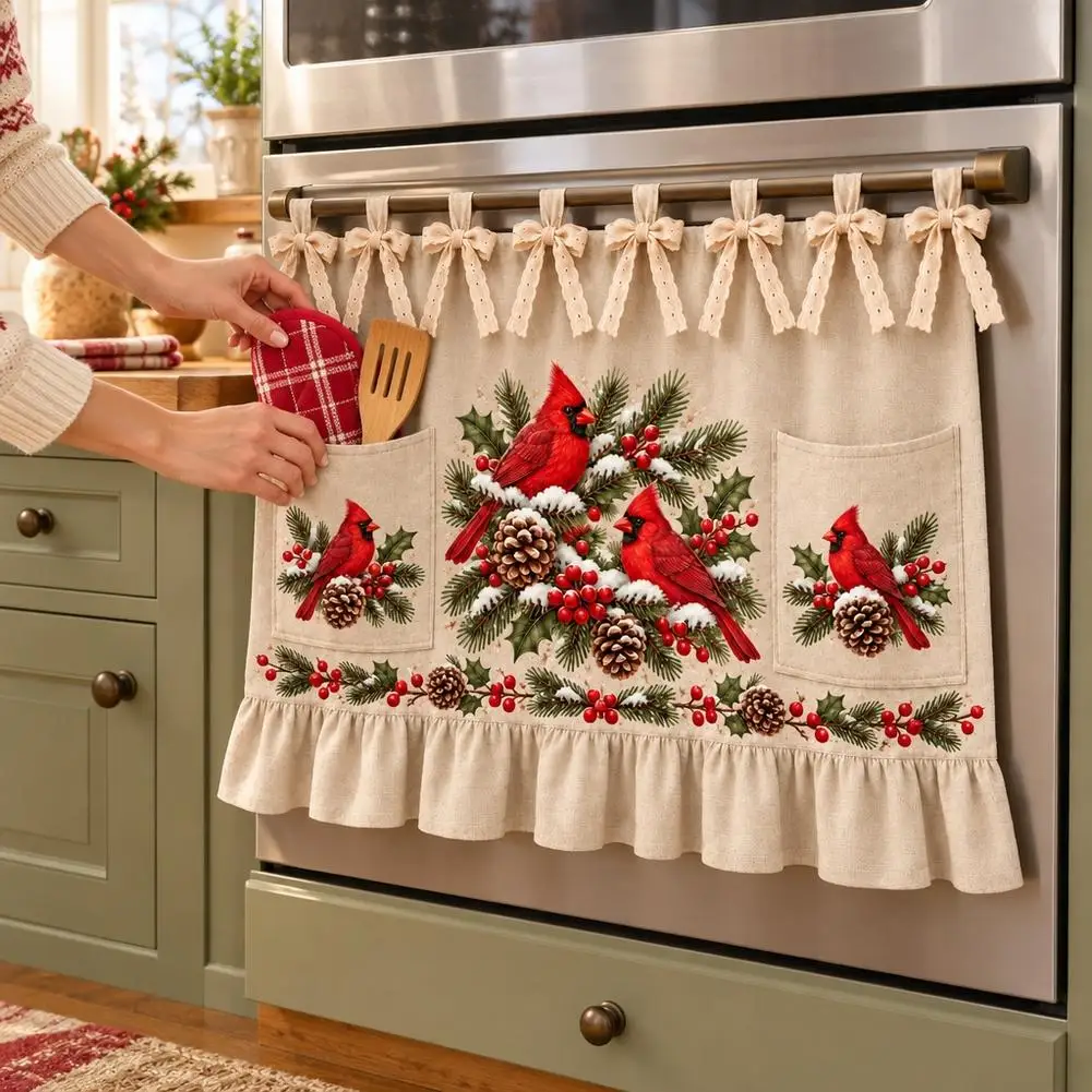 Christmas Teddy Bear Oven Door Cover Faux Cotton Linen Warm Beige Appliance Glass Shield Panel with 2 Storage Pockets