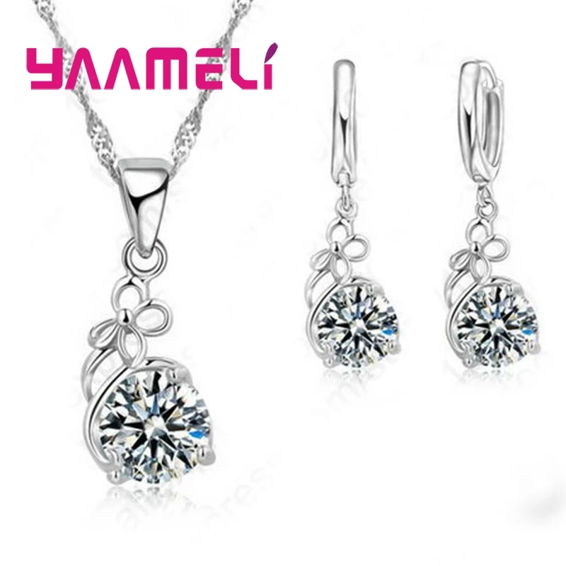 Romantic 925 Sterling Silver Cubic Zircon Pendant Necklace And Earrings Jewelry Sets For Women Wedding Engagement Bijoux