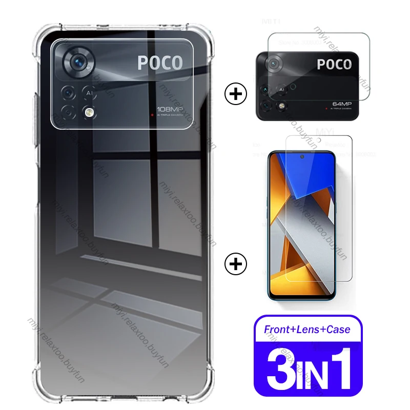 3in1 camera screen protector tempered glass+clear airbag soft silcone case for poco m4 pro 4g nfc poxo poko little m4pro m 4 pro