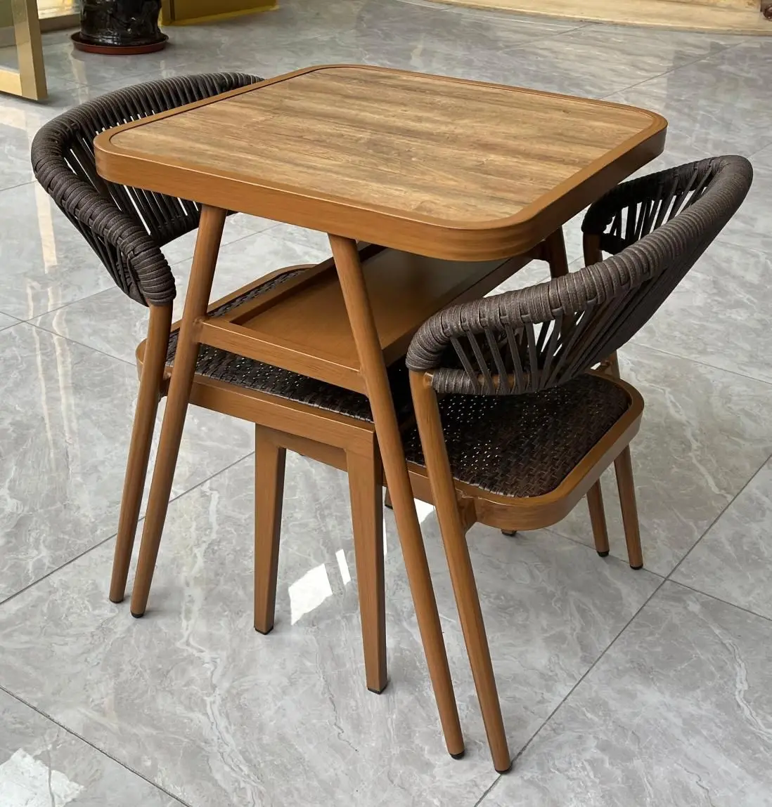 

Space Saving Rattan Patio Set Round Outdoor Coffee Table with Two Garden Chairs