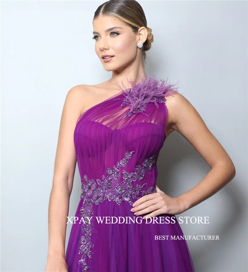 XPAY Purple Elegant Tulle Prom Dresses For Evening Party Feathers Applique Belt Formal Gowns Prom Dress Long Vestidos de fiesta