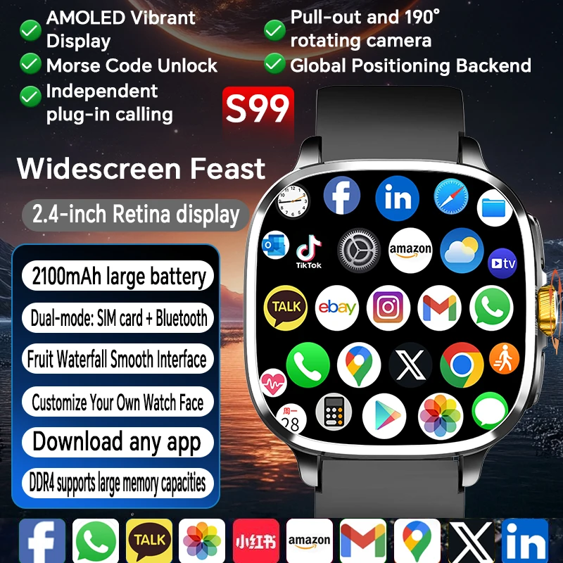 

S99 Smart Watch 2.4 Inch Display 2100mAh Battery 512GB ROM 900W Camera GPS WiFi Heart Rate Android 10.0 Compatible Android IOS