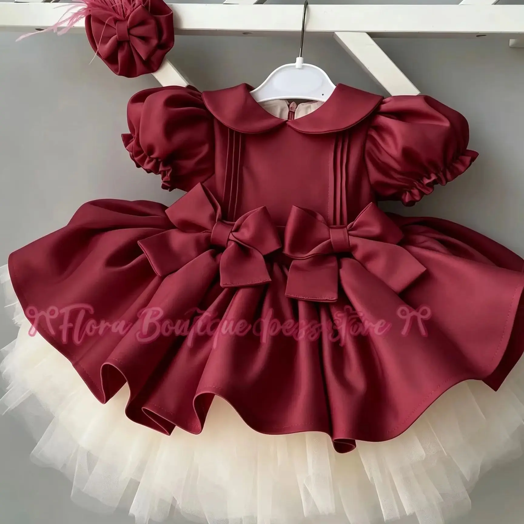 Crystal Girl Gown Pink Flower Girl Dress Bow Puffy Dresses for Girls Bow Communion Dress Knee Length Flower Girl Dress Custom