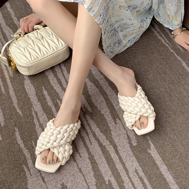 JOZHAMTA Size 33-40 Flats Slippers Women Woven Low Heels Summer Shoes Woman 2023 Fashion Sandals Indoor House Slides Outdoor