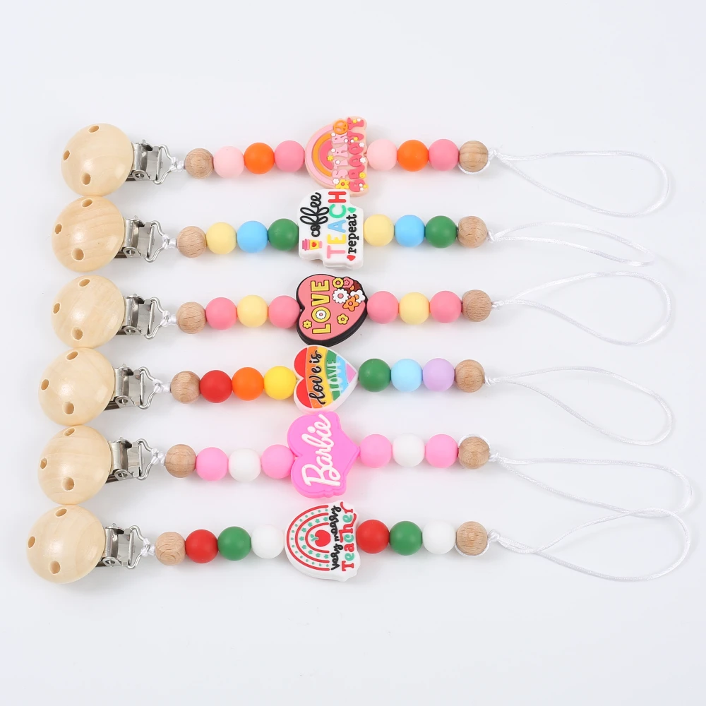 Wooden Round Baby Pacifier Clips Colorful Silicone Heart Beaded For Baby Soothe Nipple Chain Supplies Nursing Teether Chew Toys