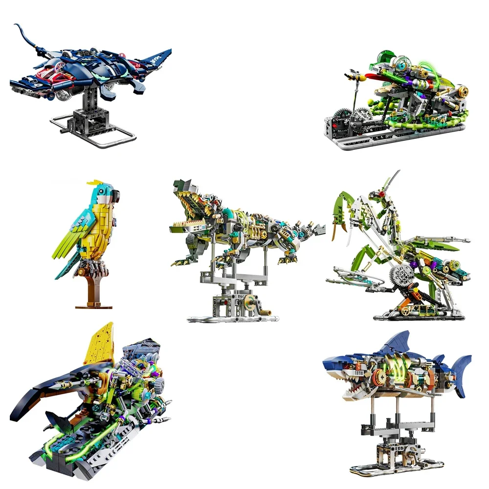 Technical Glowing Mechanical Shark Parrot Mantis Frog Manta Animal Light Building Blocks Brick Model Assembly Toy For Kid Gift