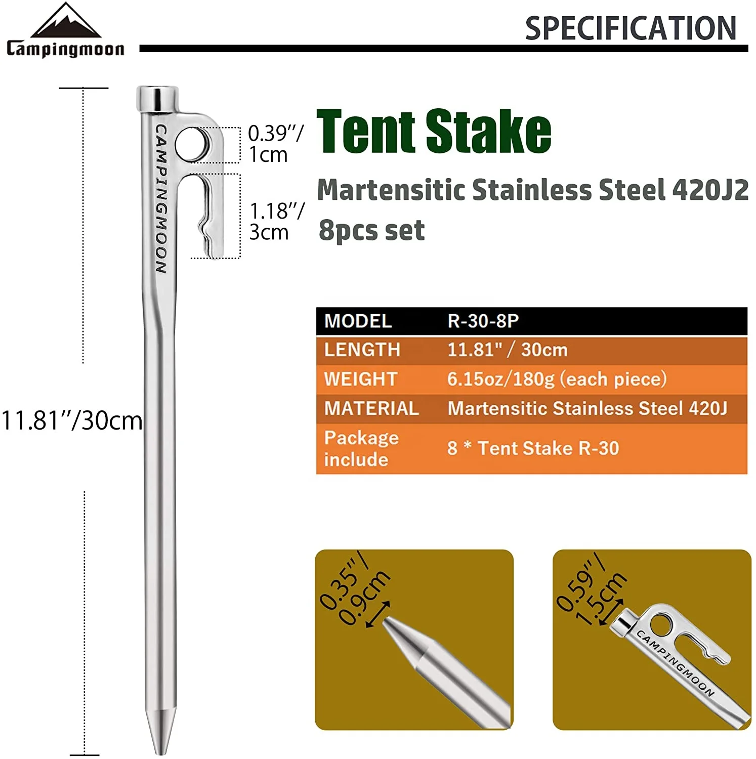 Outdoor R30-8 Camping Pile Nail Camping Accessories 8-Piece Stainless Steel Camp Nail Set