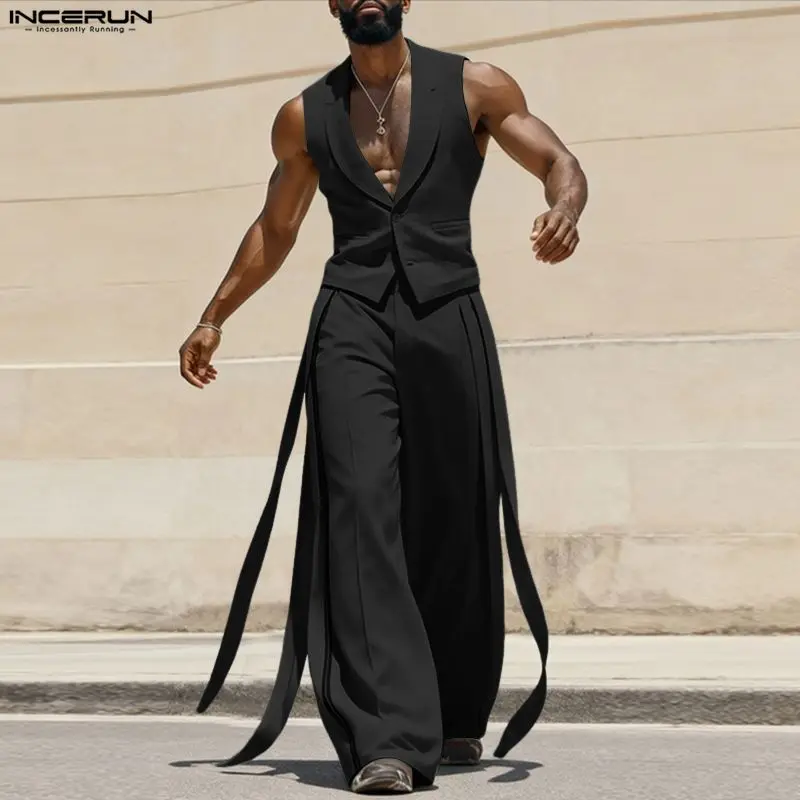 INCERUN Herren-Sets Einfarbige V-Ausschnitt Ärmellose Westen & Hosen Mit Gürtel Zweiteilige Sets Streetwear Elegante 2026 Mode Herrenanzüge