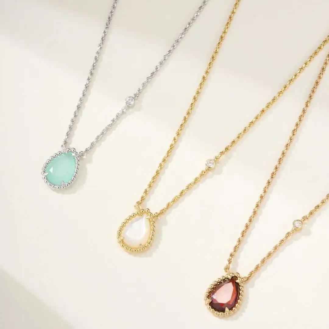 

French style S925 Europe Top Quality Colored Gemstone Water Drop Pendant Rose Gold Silver Necklace Women Luxury Jewelry Trend