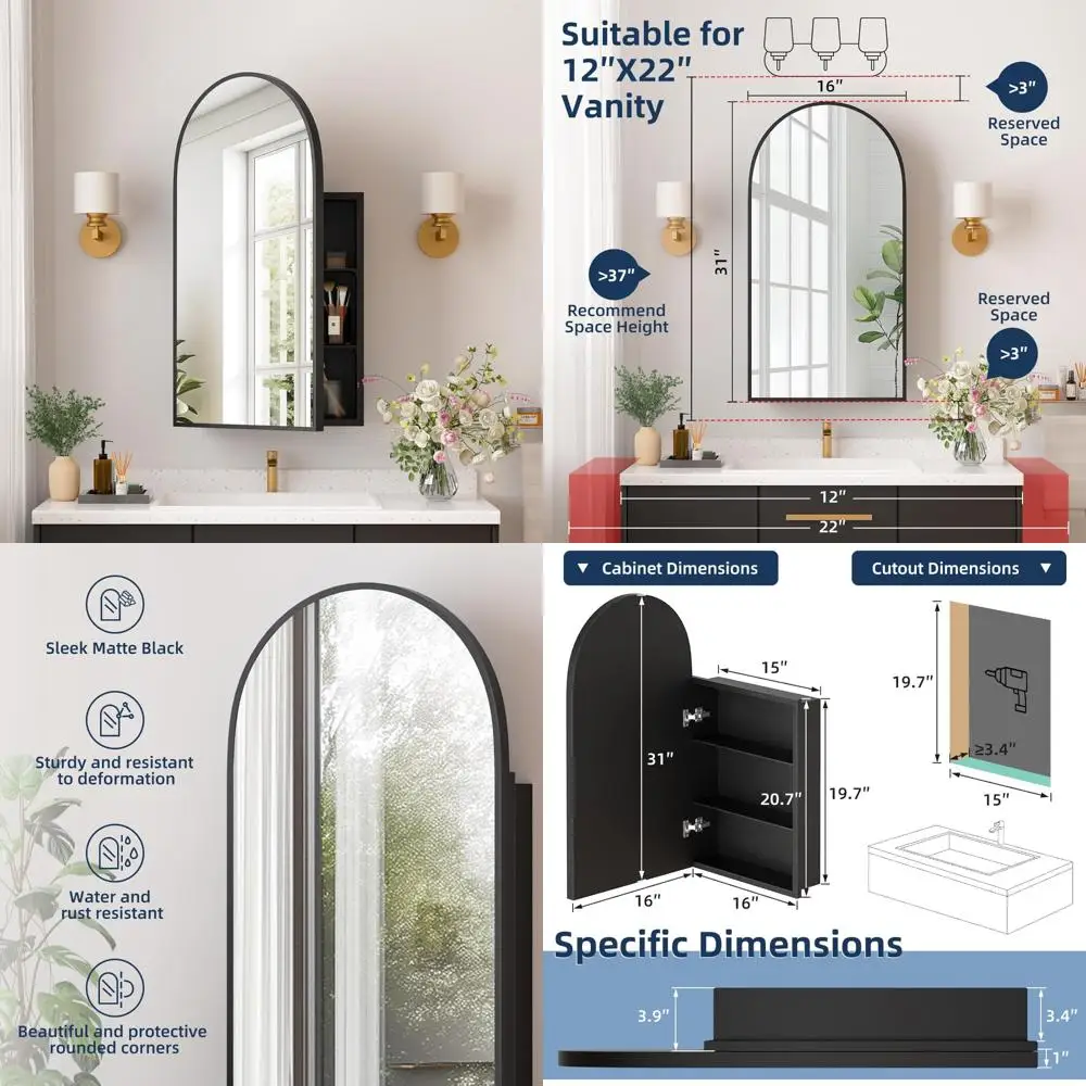 

Contemporary Black Arch-Top Medicine Cabinet for Bathrooms, Recessed or Surface Mount, Modern Vanity Mirror with Storage