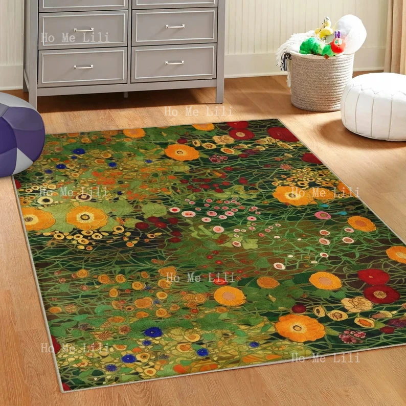 Gustav Klimt Inspired Flower Artistic Floral Area Rug Unique Home Decor