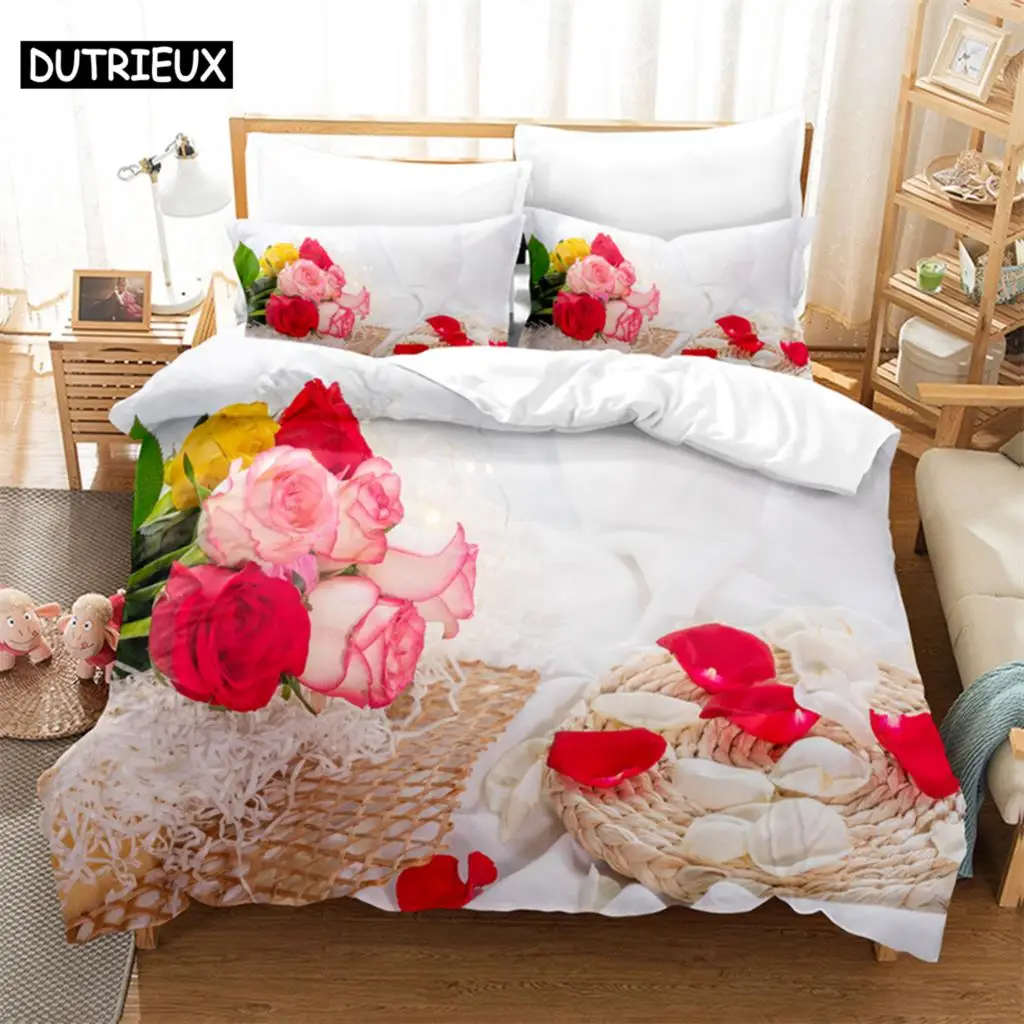 

3D Digital - Printed Bright Roses - Themed Queen - Sized Duvet Cover Set with Fashionable Design for Bed Linen