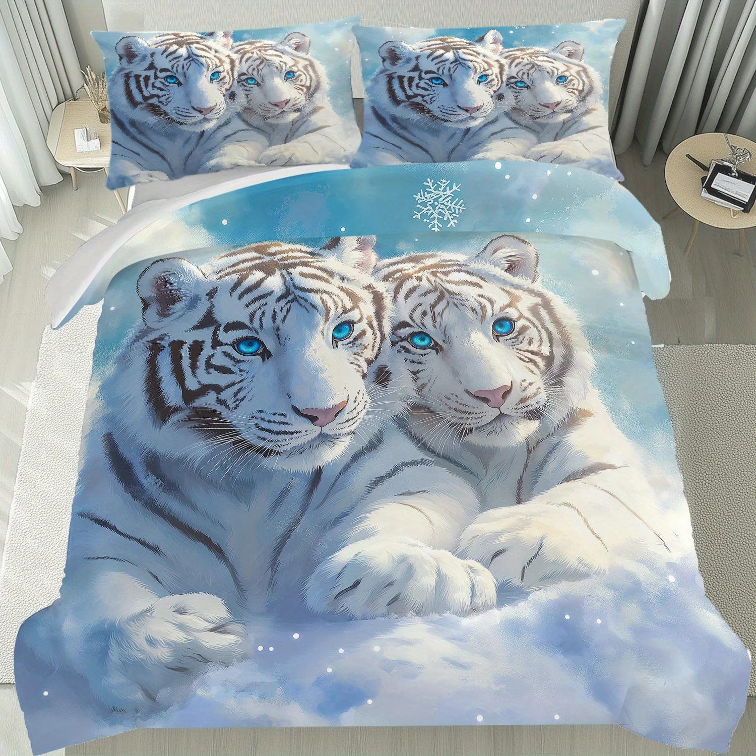 

3PCS Snow White Tiger Bedding Set, 3D Printed Mythical Guardian Soft Breathable Duvet Cover Set with Pillowcases for Home Decor