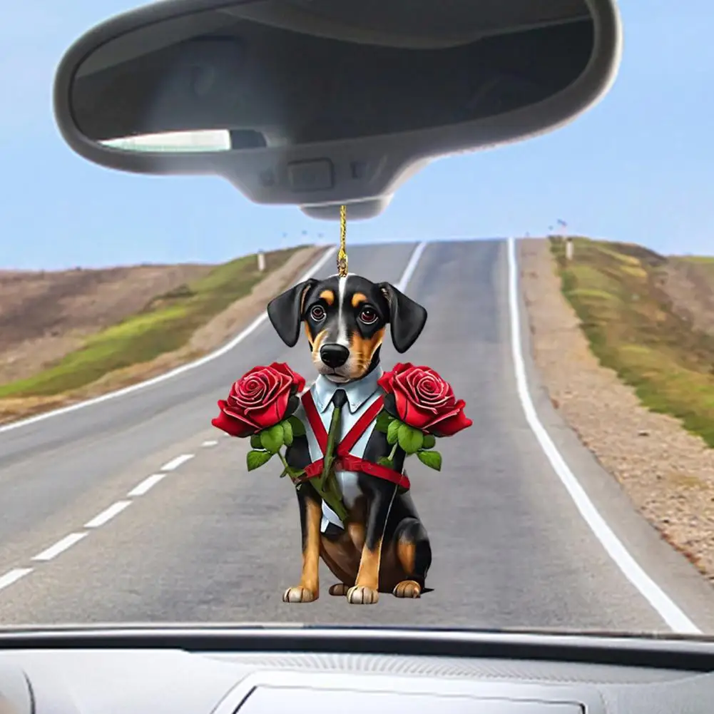 Automobile Pendants Rose Dog Ornaments Cute Cat Dog Rose Pendant Keychain 2d Acrylic Pet Charm for Car Mirror Bag Accessory Home