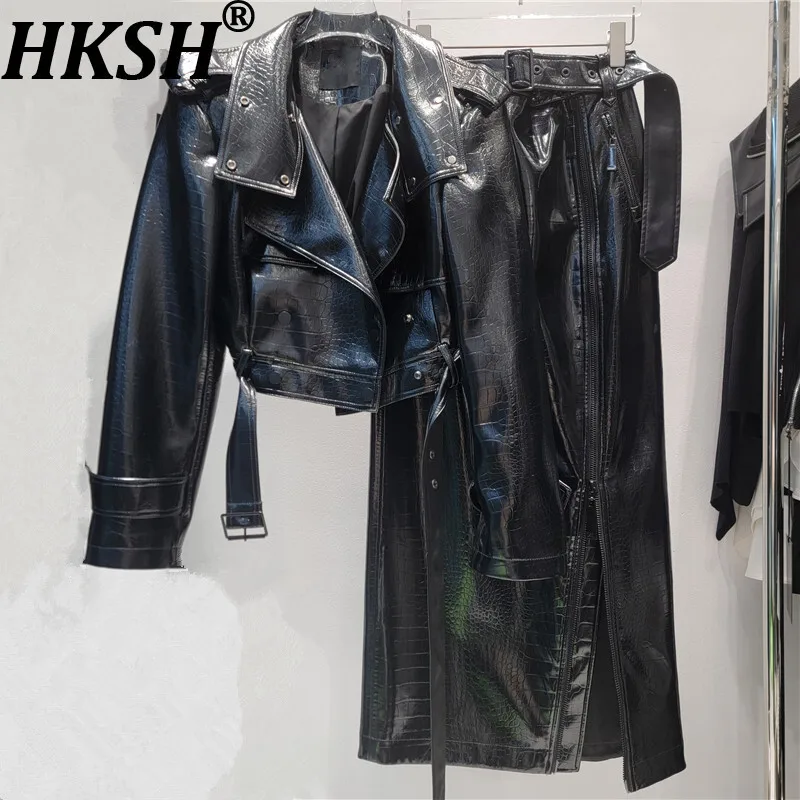 

HKSH Autumn New Women Dark Techwear Coat PU Leather Turn-down Collar Short Jacket Asymmetric Split Punk Streetwear Skirts HK9796