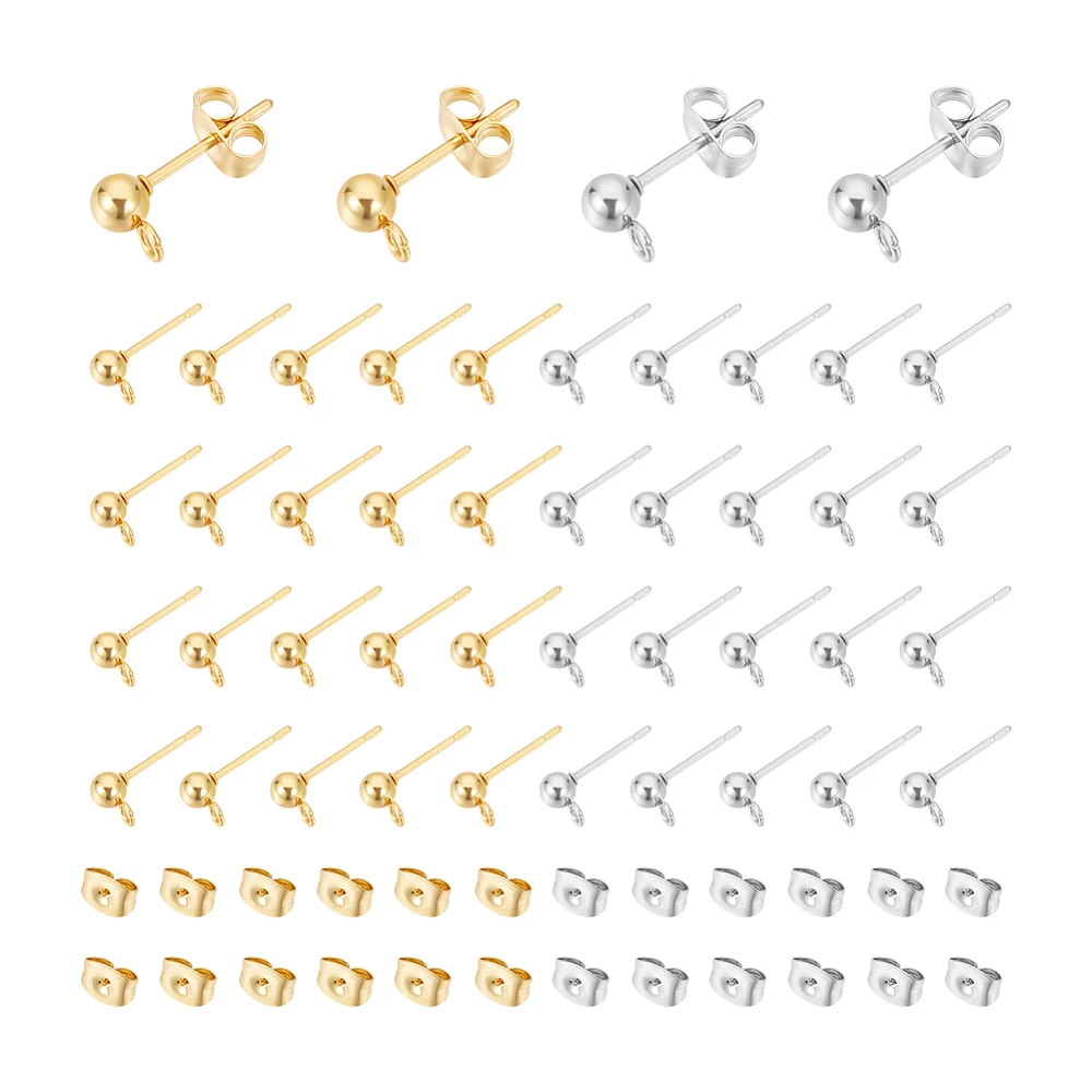 

304 Stainless Steel Stud Earring Findings with Ear Nuts Round Mixed Color Stud Earring Findings: 80pcs/box Ear Nuts: 80pcs/box