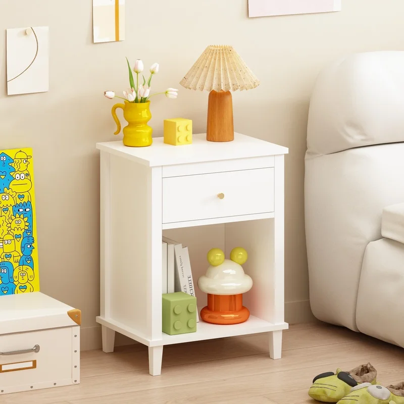 

White Wooden Nightstand with One Drawer and Shelf, Golden Handle, Kids & Adults Storage Furniture