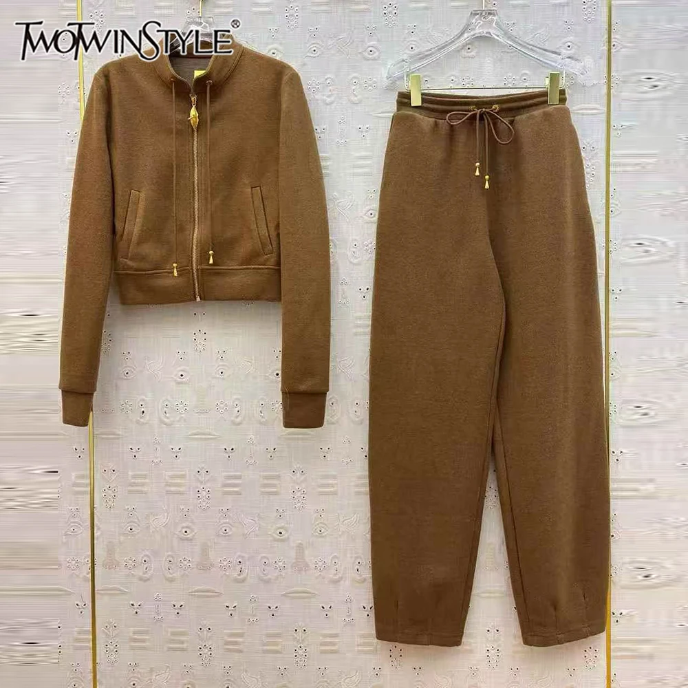 

GALCAUR Coffee Spliced Drawstring Two Piece Set Female Stand Collar Long Sleeve Jacket Casual Lazy Women's Pants Sets Fashion