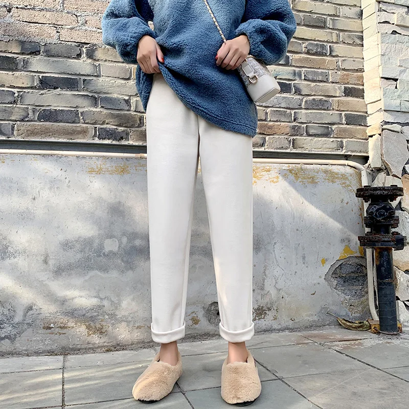 Solid Thick Woolen Haren Pants Women's 2024 Autumn/Winter New Style Loose High Waist Straight Nine Leg Pants with Pockets 30969