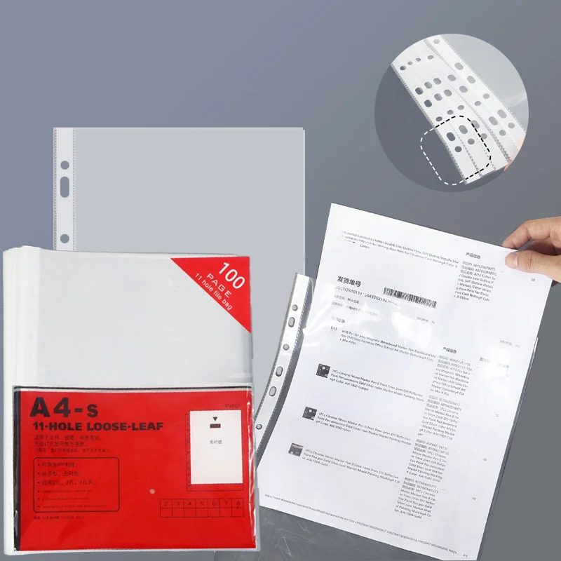 

100/50 Pages 11 Hole File Bag A4 Transparent Loose-leaf Information Bag for Data Sorting Classification Storage Files