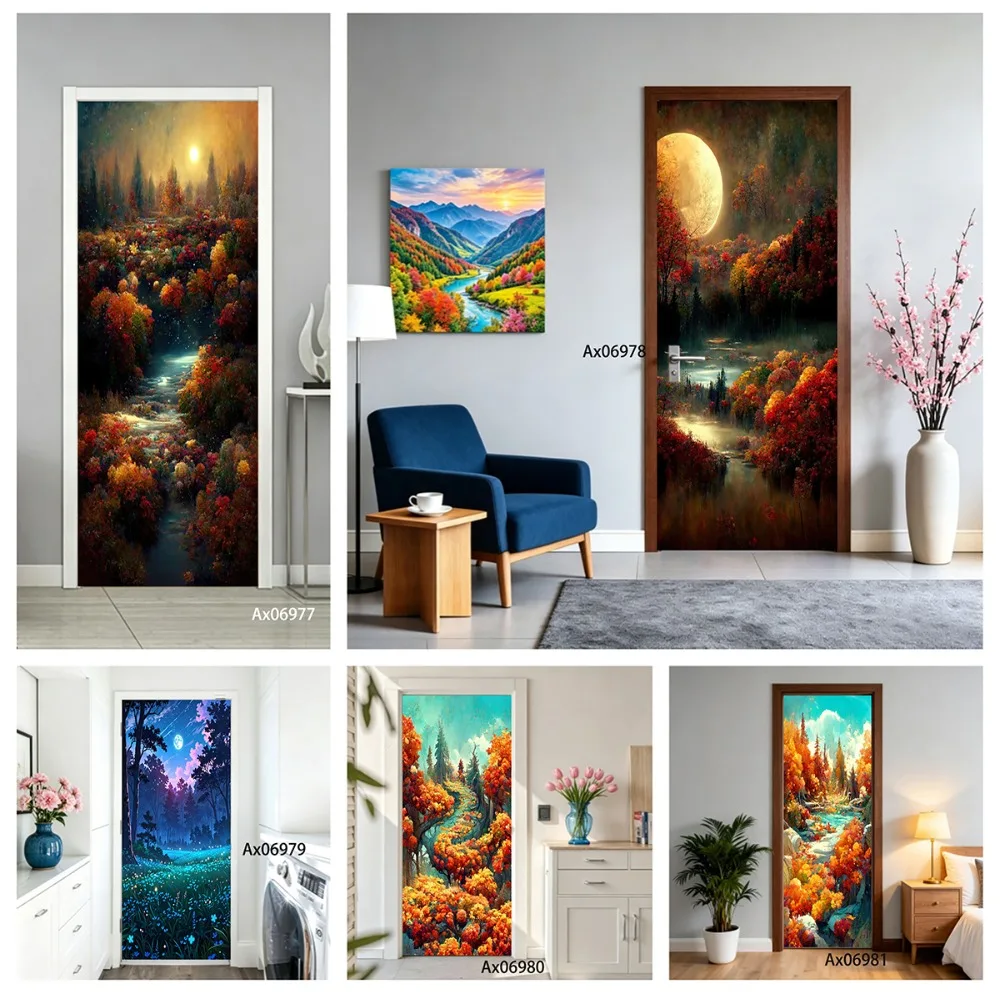 Autumn Forest Landscape Door Decal Waterproof Removable Golden Sun Creek Forest Print Sticker Home Indoor Entryway Door Decor