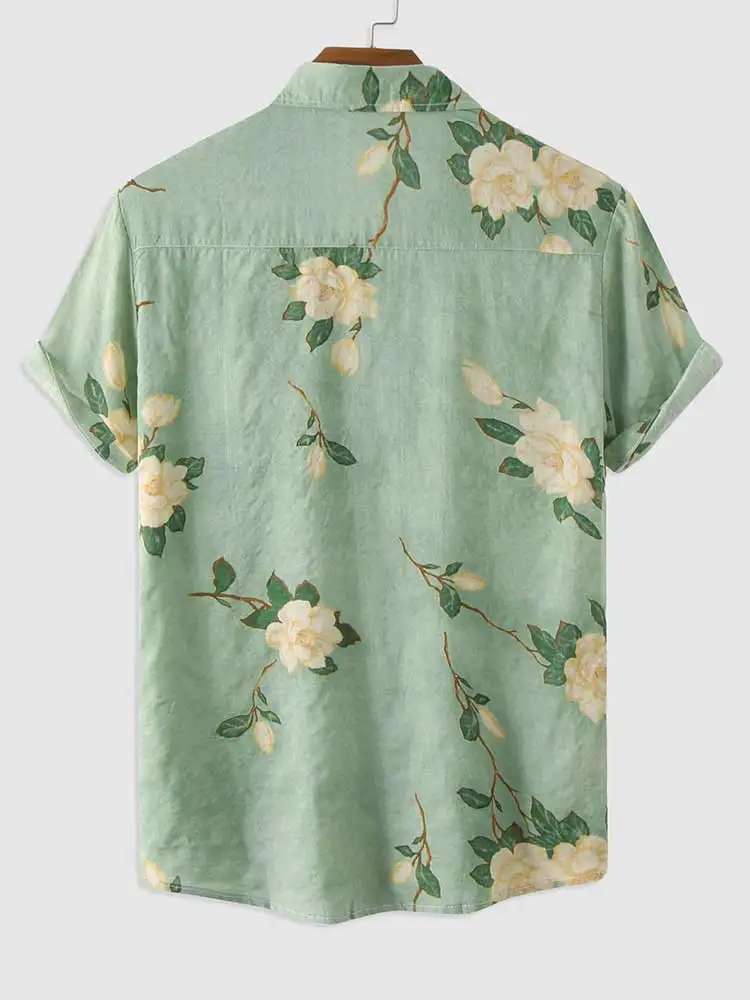 ZAFUL Shirts for Men Flowers Pattern Short Sleeves Blouses Summer Streetwear Shirt Casual Button Loose Tops Hawaiian Style